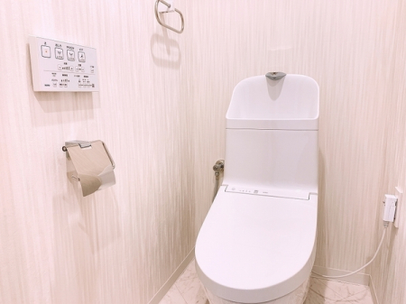 トイレ　スッキリとしたデザインの温水洗浄便座付きトイレ。